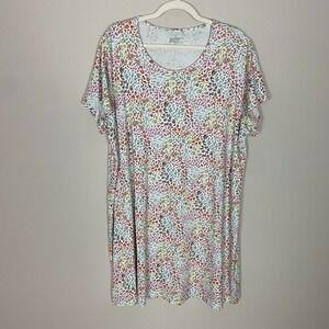 Lands End Floral Dress 2X Stretch Knit Casual Swing Short Sleeves 100% Cotton